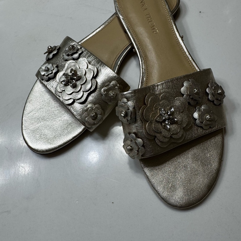Floral Embellished Silver Slide Sandals